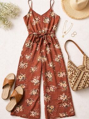 American Eagle Outfitters Rust Floral Spaghetti-Strap Wide-Leg Jumpsuit